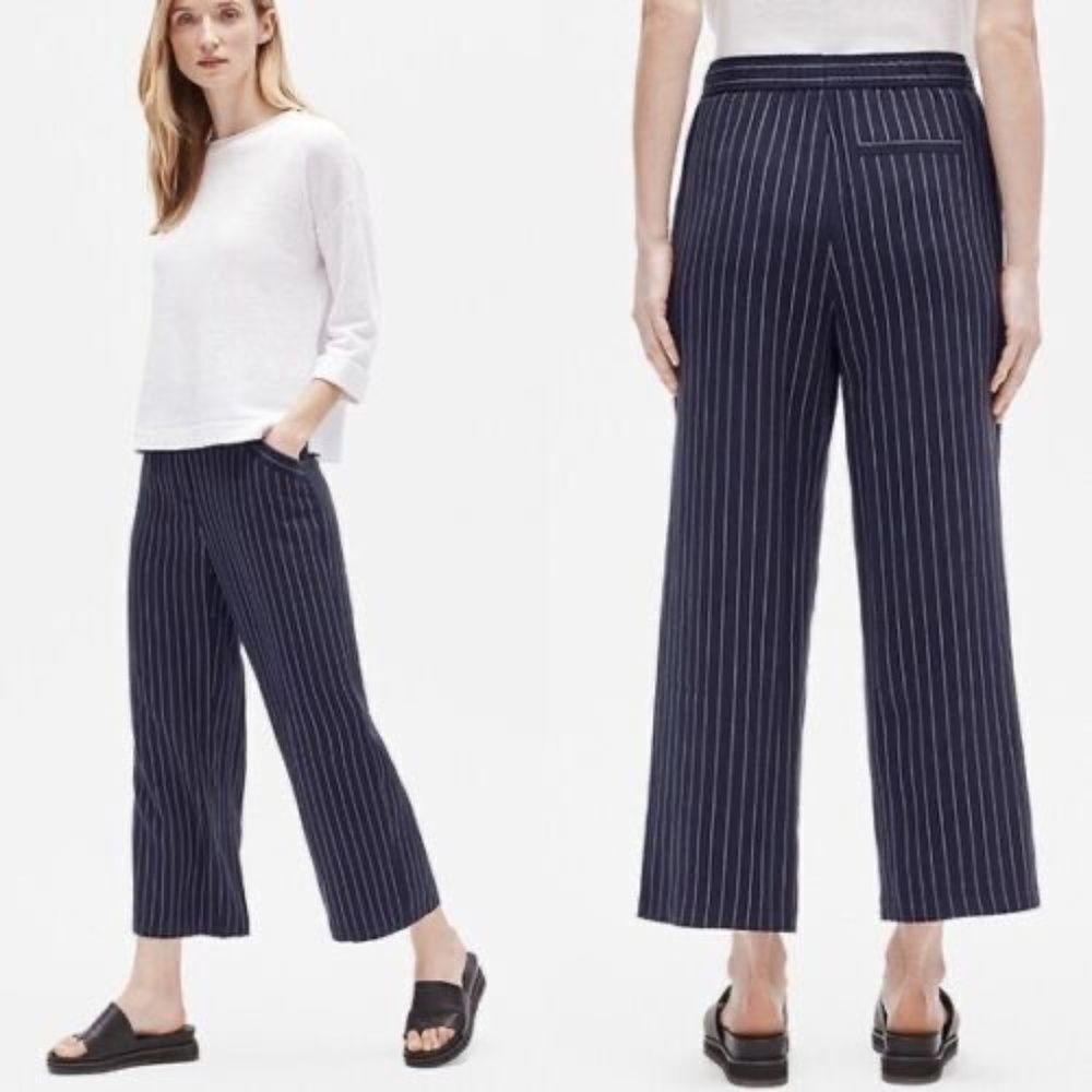 Eileen Fisher Navy/White Woven Tercel Grain Stripe Drawstring Crop Pants Sz XS